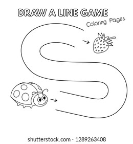 Cartoon ladybug game for small children - draw a line. Vector coloring book pages for kids
