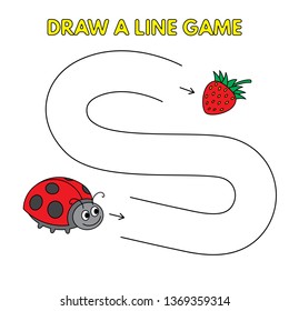 Cartoon ladybug game for small children - draw a line. Vector design for kids education