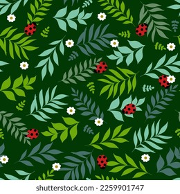 Cartoon ladybug with green leaves seamless pattern. Modern summer design of the cover, packaging, stationery. 