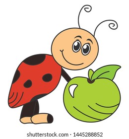 Cartoon ladybug holding an apple. Color drawing. Vector illustration