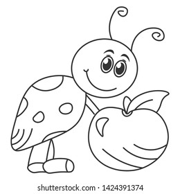 Cartoon ladybug holding an apple. Outline drawing. Vector illustration