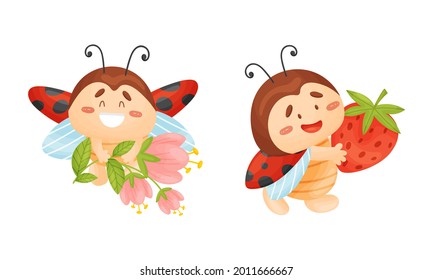 Cartoon Ladybug Holding Flower and Carrying Strawberry Vector Set