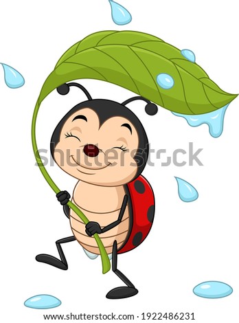 Cartoon ladybug holding a green leaf