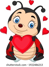 Cartoon ladybug holding a red heart