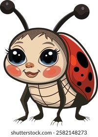 A cartoon ladybug with a human-like face, large eyes, and a smiling expression.