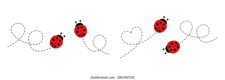 Cartoon ladybug icon set. Ladybugs flying on dotted route. Vector isolated on white background.