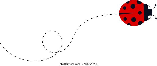 Conjunto de iconos de mariquita de dibujos animados. Mariquitas volando en ruta punteada. Linda colección de personajes de mariquita. Mariquita con camino punteado. Mariquitas volando en ruta punteada. Ilustración vectorial aislada en blanco.