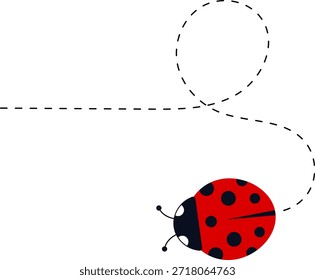 Conjunto de iconos de mariquita de dibujos animados. Mariquitas volando en ruta punteada. Linda colección de personajes de mariquita. Mariquita con camino punteado. Mariquitas volando en ruta punteada. Ilustración vectorial aislada en blanco.