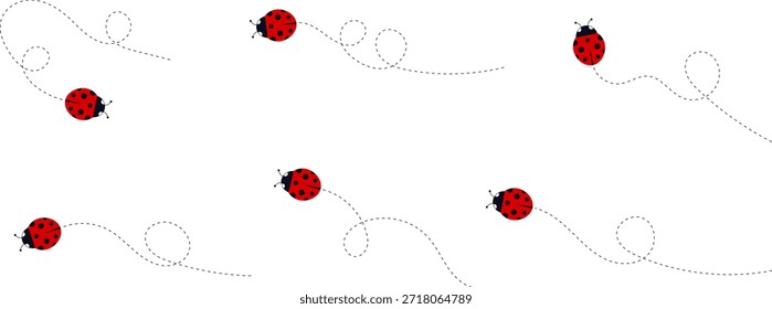 Conjunto de iconos de mariquita de dibujos animados. Mariquitas volando en ruta punteada. Linda colección de personajes de mariquita. Mariquita con camino punteado. Mariquitas volando en ruta punteada. Ilustración vectorial aislada en blanco.