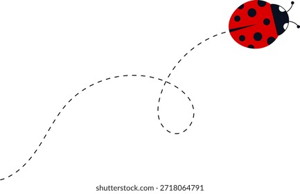 Conjunto de iconos de mariquita de dibujos animados. Mariquitas volando en ruta punteada. Linda colección de personajes de mariquita. Mariquita con camino punteado. Mariquitas volando en ruta punteada. Ilustración vectorial aislada en blanco.