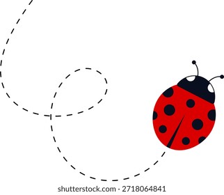 Conjunto de iconos de mariquita de dibujos animados. Mariquitas volando en ruta punteada. Linda colección de personajes de mariquita. Mariquita con camino punteado. Mariquitas volando en ruta punteada. Ilustración vectorial aislada en blanco.