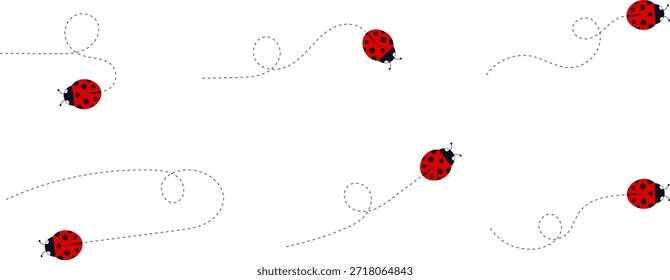 Conjunto de iconos de mariquita de dibujos animados. Mariquitas volando en ruta punteada. Linda colección de personajes de mariquita. Mariquita con camino punteado. Mariquitas volando en ruta punteada. Ilustración vectorial aislada en blanco.
