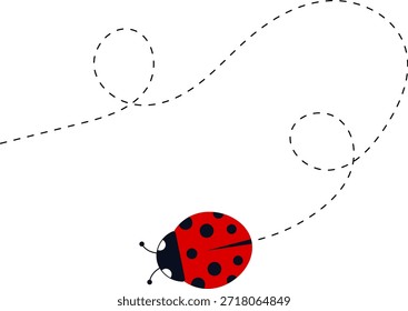 Conjunto de iconos de mariquita de dibujos animados. Mariquitas volando en ruta punteada. Linda colección de personajes de mariquita. Mariquita con camino punteado. Mariquitas volando en ruta punteada. Ilustración vectorial aislada en blanco.