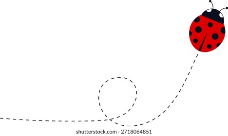Conjunto de iconos de mariquita de dibujos animados. Mariquitas volando en ruta punteada. Linda colección de personajes de mariquita. Mariquita con camino punteado. Mariquitas volando en ruta punteada. Ilustración vectorial aislada en blanco.