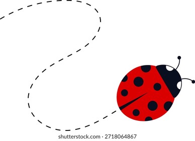 Conjunto de iconos de mariquita de dibujos animados. Mariquitas volando en ruta punteada. Linda colección de personajes de mariquita. Mariquita con camino punteado. Mariquitas volando en ruta punteada. Ilustración vectorial aislada en blanco.