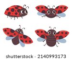 Cartoon ladybug insects with red black wings. Vector red insect cartoon, illustration of isolated fly ladybird, cute summer beetle