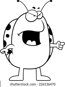 A cartoon ladybug looking angry and pointing.