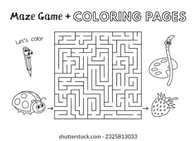 Cartoon ladybug maze game. Vector coloring book pages for children