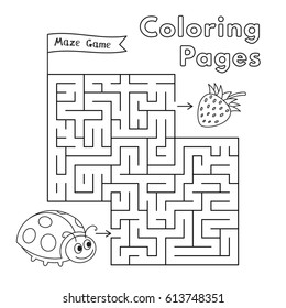 Cartoon ladybug maze game. Vector coloring book pages for children