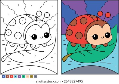 Joaninha de desenhos animados na cor da folha por ilustração do número e versão completa para a atividade das crianças e jogo de quebra-cabeça.