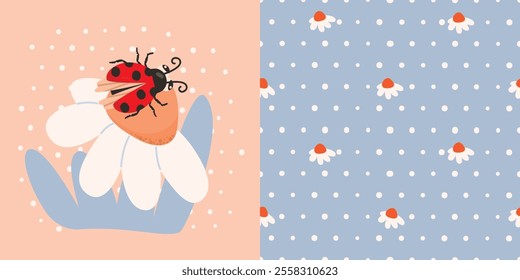 Cartoon ladybug print and daisy seamless pattern.Colorful collection with cute character,flowers and dots background.Blue,pink and red colors.Vector design for textile.Summer, spring flat illustration