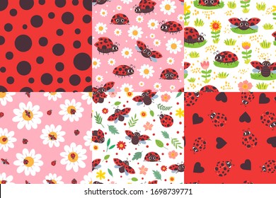 Cartoon Ladybug nahtloses Muster. Marienkäfer-Textur, Marienkäfer in Blumen und süße rote Vektorillustration. Cute Muster ladybug, ladybird Hintergrund mit floraler Kamille