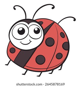 A joaninha dos desenhos animados mostra um sorriso alegre e asas vermelhas vibrantes adornadas com pontos pretos clássicos. Esta arte de inseto bonito é definido em um fundo branco limpo.