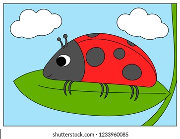 Cartoon ladybug sitting on a leaf high in the clouds. Digital illustration