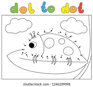 Cartoon ladybug sitting on a leaf high in the clouds. Coloring book and dot to dot educational game for kids