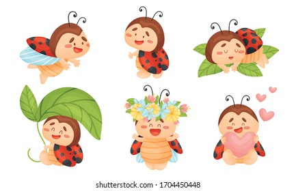 Cartoon Ladybug Sleeping on Green Leaf and Holding Heart Vector Set