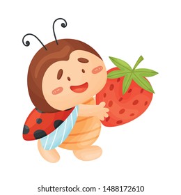 Cartoon ladybug with strawberries. Vector illustration on a white background.