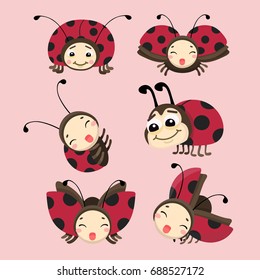 Cartoon Ladybug Vector Set.