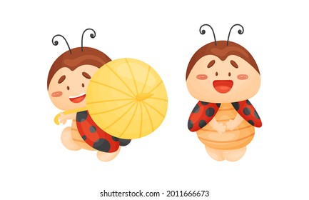 Cartoon Ladybug Walking with Umbrella and Standing Vector Set