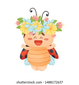 Cartoon ladybug with a wreath on his head. Vector illustration on a white background.