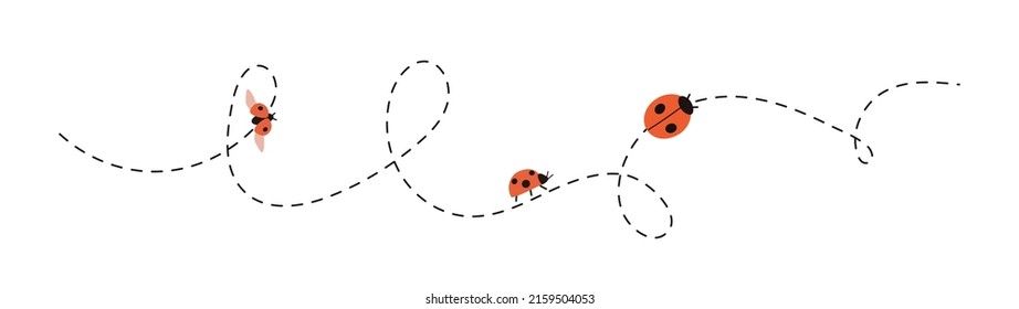 Cartoon Ladybugs Fly And Crawl Along The Dotted Line. Dotted Line Flying Insects. Vector Illustration Of A Red Bug With Wings, Top And Side. Hand Drawn Red Spotted Bug Isolated.