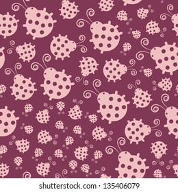Cartoon ladybugs on red background. Seamless pattern.