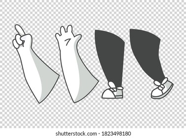 Cartoon lags and hands. Clipart arms in different poses. Various hands with different gesture. Vector walking feet. Legs in boots and gloved hands