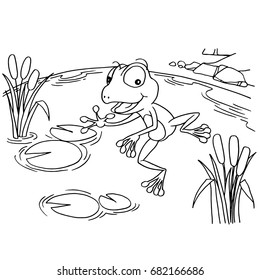 Cartoon at lake coloring page vector