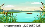 Cartoon lake landscape. Fisherman fishing in boat on pond with reeds, catching fish. Nature vector background illustration. Man having outdoor leisure activity, hobby. Character in wildlife