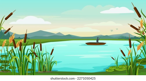 Cartoon lake landscape. Fisherman fishing in boat on pond with reeds, catching fish. Nature vector background illustration. Man having outdoor leisure activity, hobby. Character in wildlife