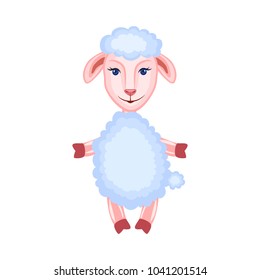 Cartoon lamb kid standing cartoon vector animal, domestic cute ship posing isolated on white background, Character design for greeting card, children invitations, creation of zoo alphabet, baby shower