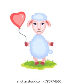 Cartoon lamb kid cartoon vector animal domestic cute ship on green grass with pink balloon isolated on white, Character design for greeting card, children invite, creation of zoo alphabet, baby shower