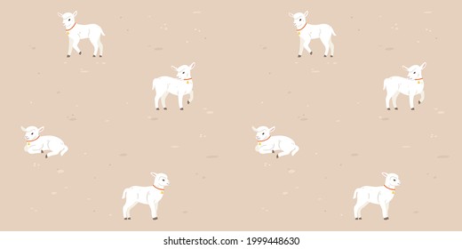 Cartoon lamb - seamless trendy pattern with animal in various poses. Contour vector illustration for prints, clothing, packaging and postcards.