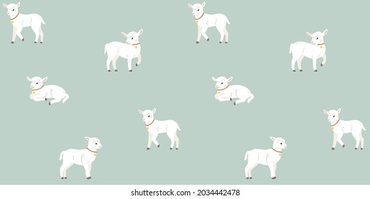 Cartoon lamb - seamless trendy pattern with animal in various poses. Contour vector illustration for prints, clothing, packaging and postcards.