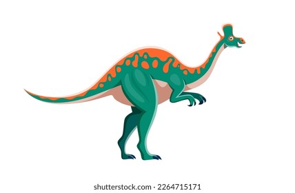 Caricatura del personaje de los dinosaurios Lambeosaurus. Lagartija extinta, monstruo de la vida silvestre antigua o animal aislado de la era Mesozoica con cresta. Reptile de paleontología, personaje divertido vectorial de dinosaurio herbivoroso