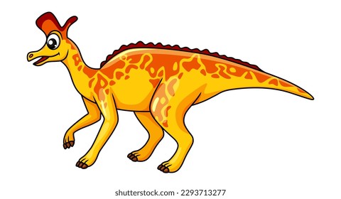 Cartoon lambeosaurus dinosaur character. Isolated vector herbivorous hadrosaur dino that lived in North America during the Cretaceous Period. Paleontology wildlife creature with yellow skin and crest