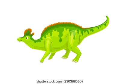 Cartoon lambeosaurus dinosaur character. Isolated vector herbivorous hadrosaur dino that lived in North America during the Cretaceous Period. Paleontology wildlife creature with green skin and crest