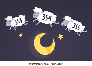 Cartoon lambs jumping over crescent moon - insomnia concept. Counting sheep to fall asleep.