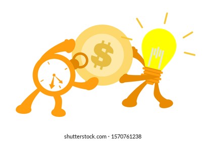 cartoon lamp and clock time fight for money doodle vector illustration flat design style