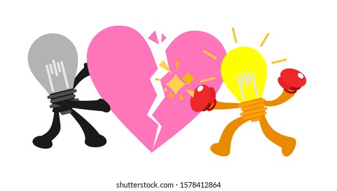cartoon lamp idea scramble competition fight for break crack heart love doodle vector illustration flat design style
